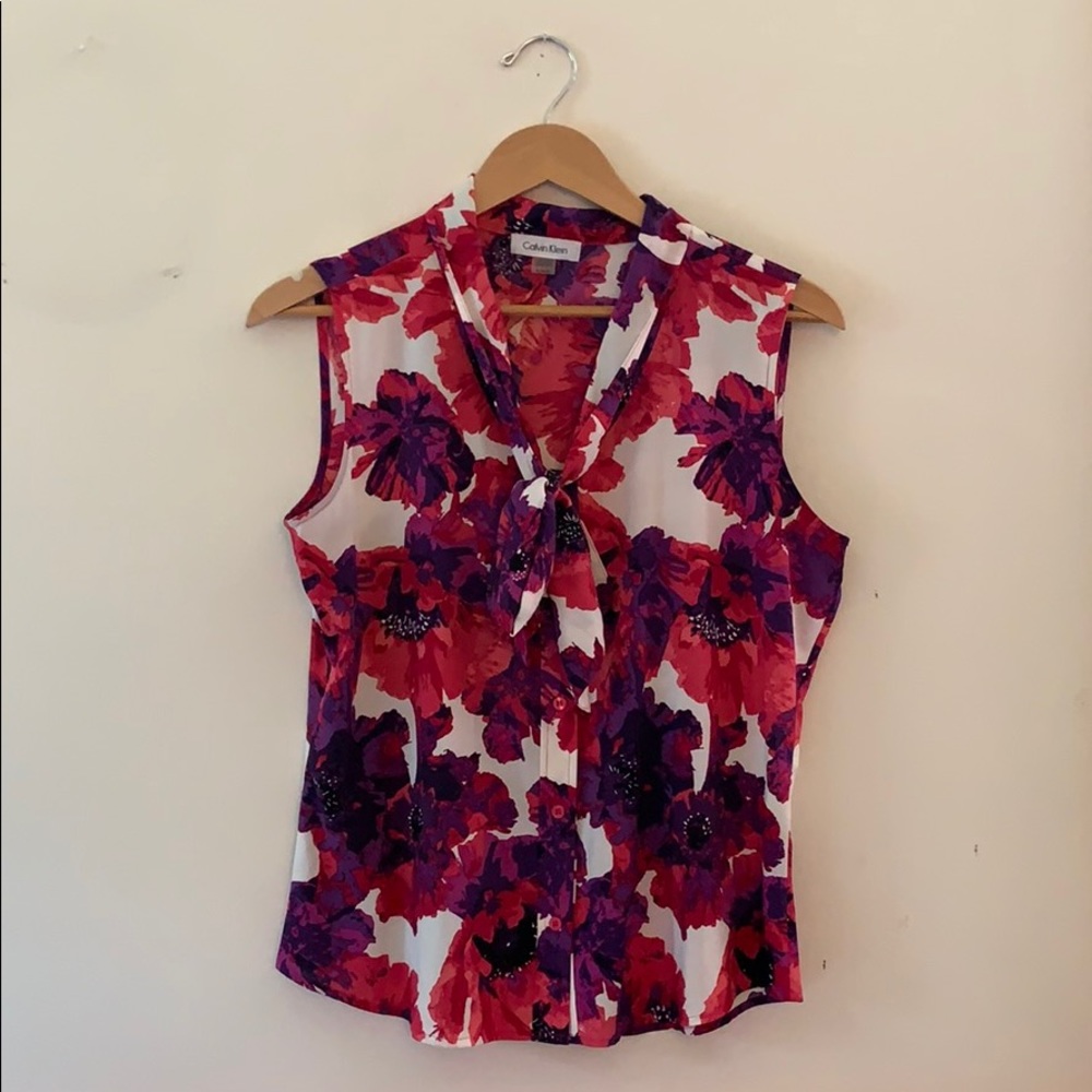 Calvin Klein Tie Neck Sleeveless Blouse - Medium